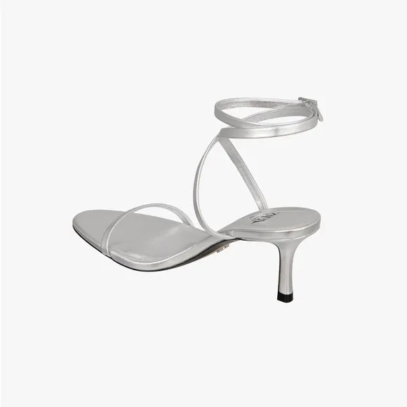 Zara Limited Edition Silver Leather Strap Heeled Sandals