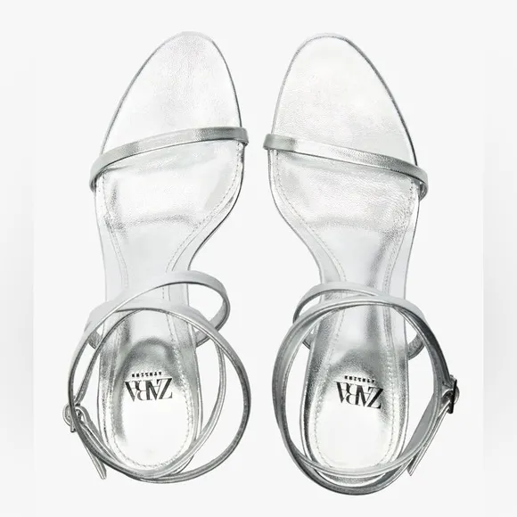 Zara Limited Edition Silver Leather Strap Heeled Sandals