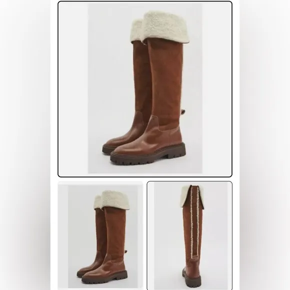 ZARA Over The Knee Leather Boots with Fleece Sherpa Trim- Size EU 39 US 8
