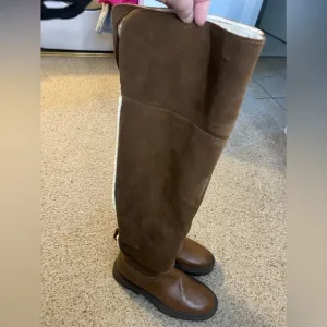 ZARA Over The Knee Leather Boots with Fleece Sherpa Trim- Size EU 39 US 8