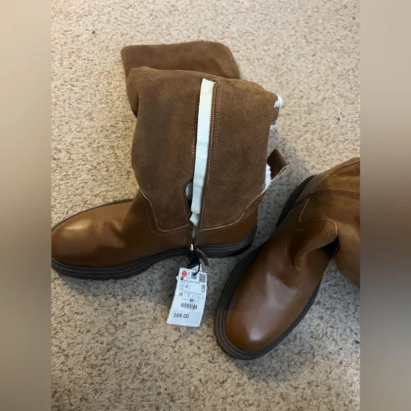 ZARA Over The Knee Leather Boots with Fleece Sherpa Trim- Size EU 39 US 8