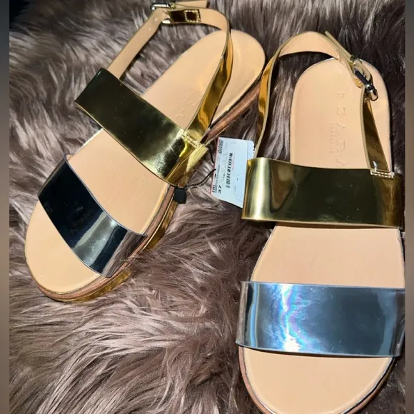 Zara Silver Gold Metallic Platform Sandals - Size 37 - NWT