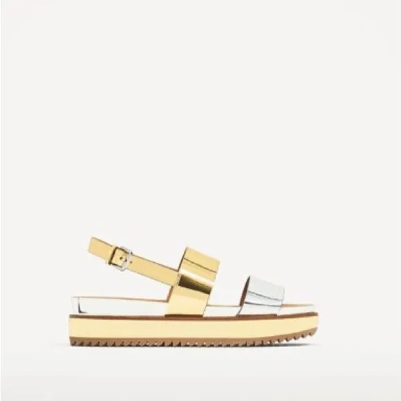 Zara Silver Gold Metallic Platform Sandals - Size 37 - NWT