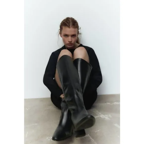 ZARA Stretch Faux Leather Knee High Heeled Boots