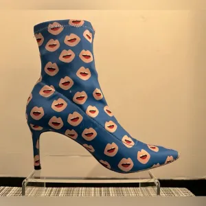 ZARA sz 37 Lips print neoprene stretchy sock ankle boot pointy toe stiletto heel