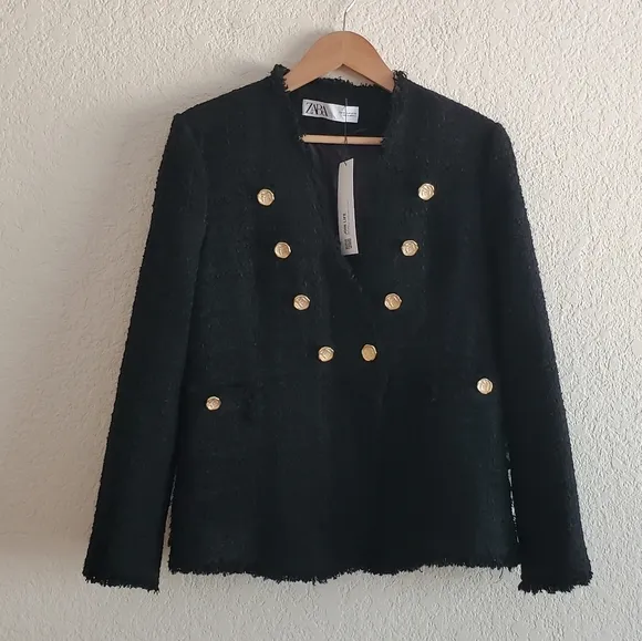 Zara tweed textured blazer jacket with gold buttons