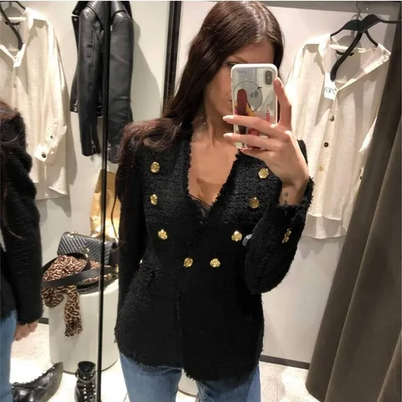Zara tweed textured blazer jacket with gold buttons