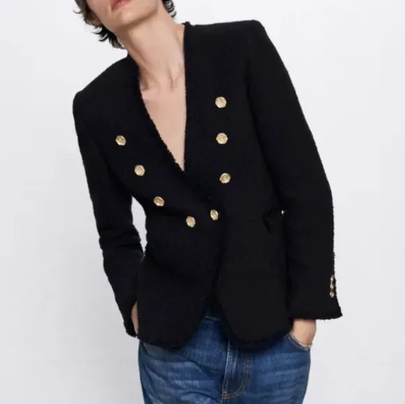 Zara tweed textured blazer jacket with gold buttons