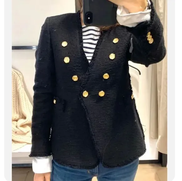 Zara tweed textured blazer jacket with gold buttons