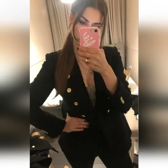 Zara tweed textured blazer jacket with gold buttons