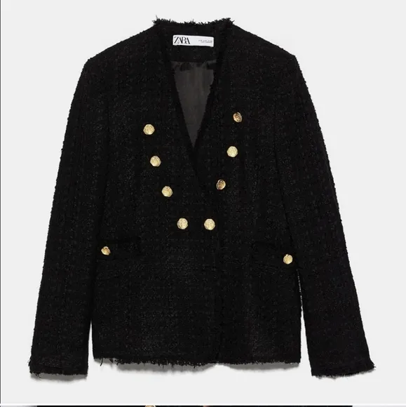 Zara tweed textured blazer jacket with gold buttons