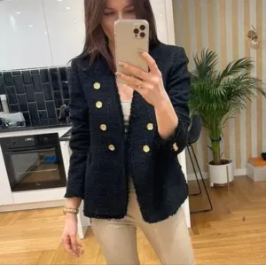 Zara tweed textured blazer jacket with gold buttons